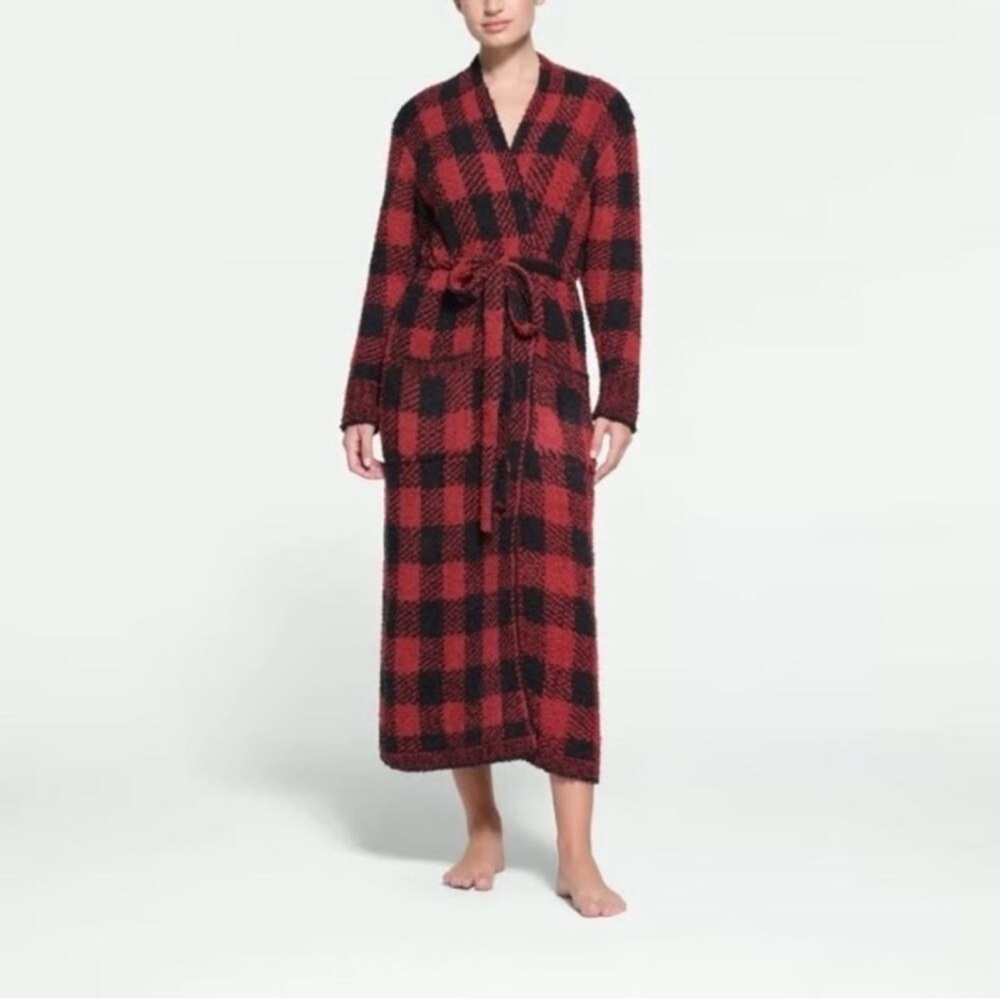 SKIMS Knit Unisex Belted Robe Buffalo Plaid Red Black Size S/M retail $128